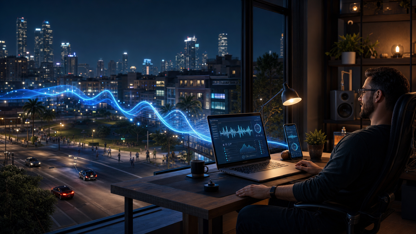 Person managing a radio on a computer while the city receives the audio