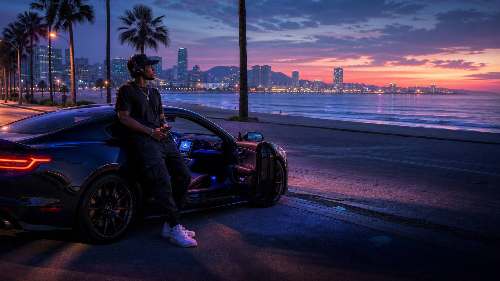 Character from an RP city listening to the radio beside a car on the beach