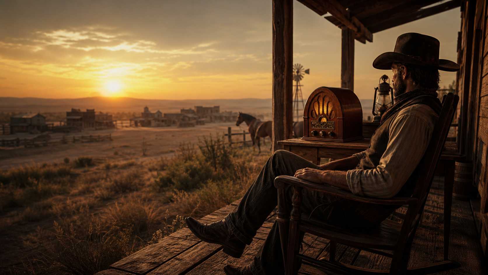 Character from a western world listening to an old radio on a porch