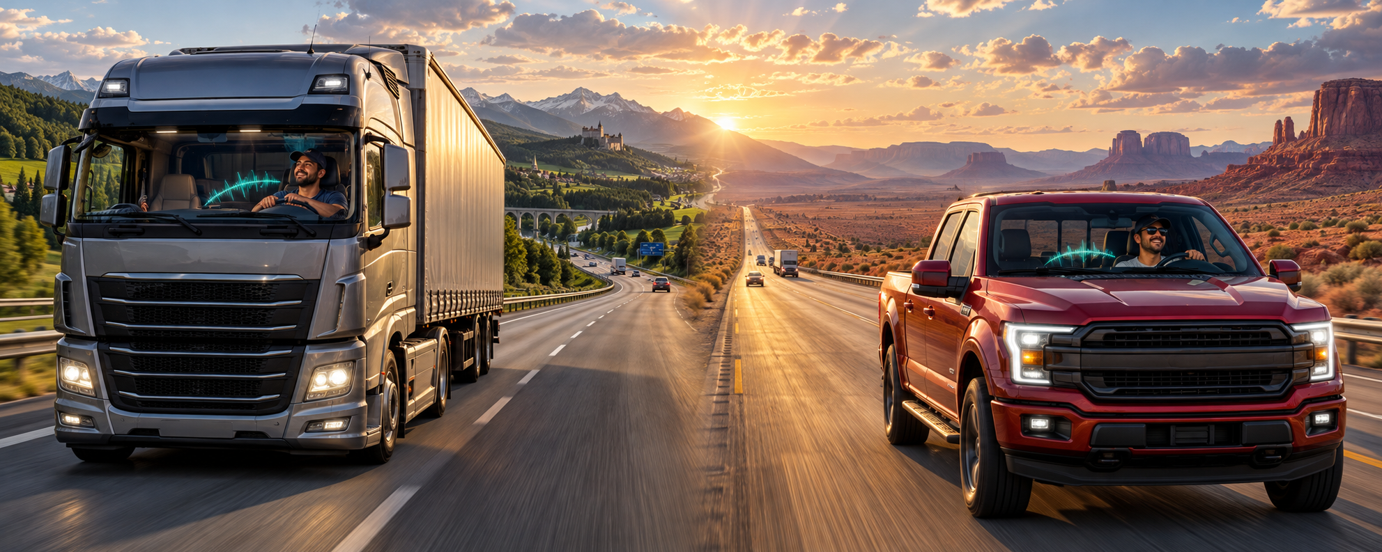Motorista ouvindo a rádio em um caminhão numa estrada europeia e outro ao volante de uma F-150 numa rodovia americana.